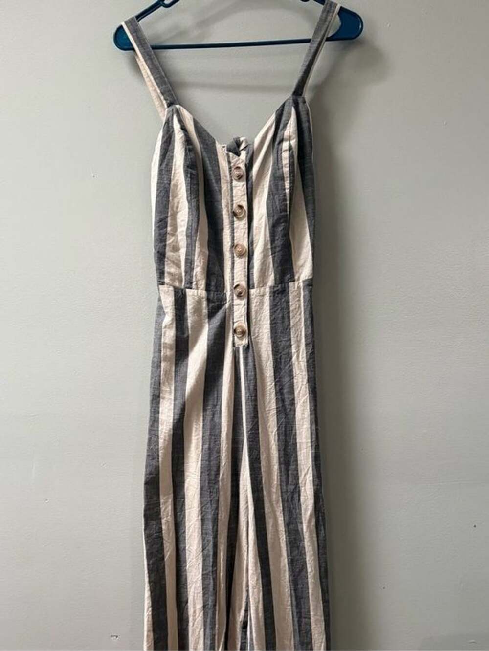 Japna Medium Nautical Coastal Stripe Wide Leg Jumpsuit Button Front Tie Back